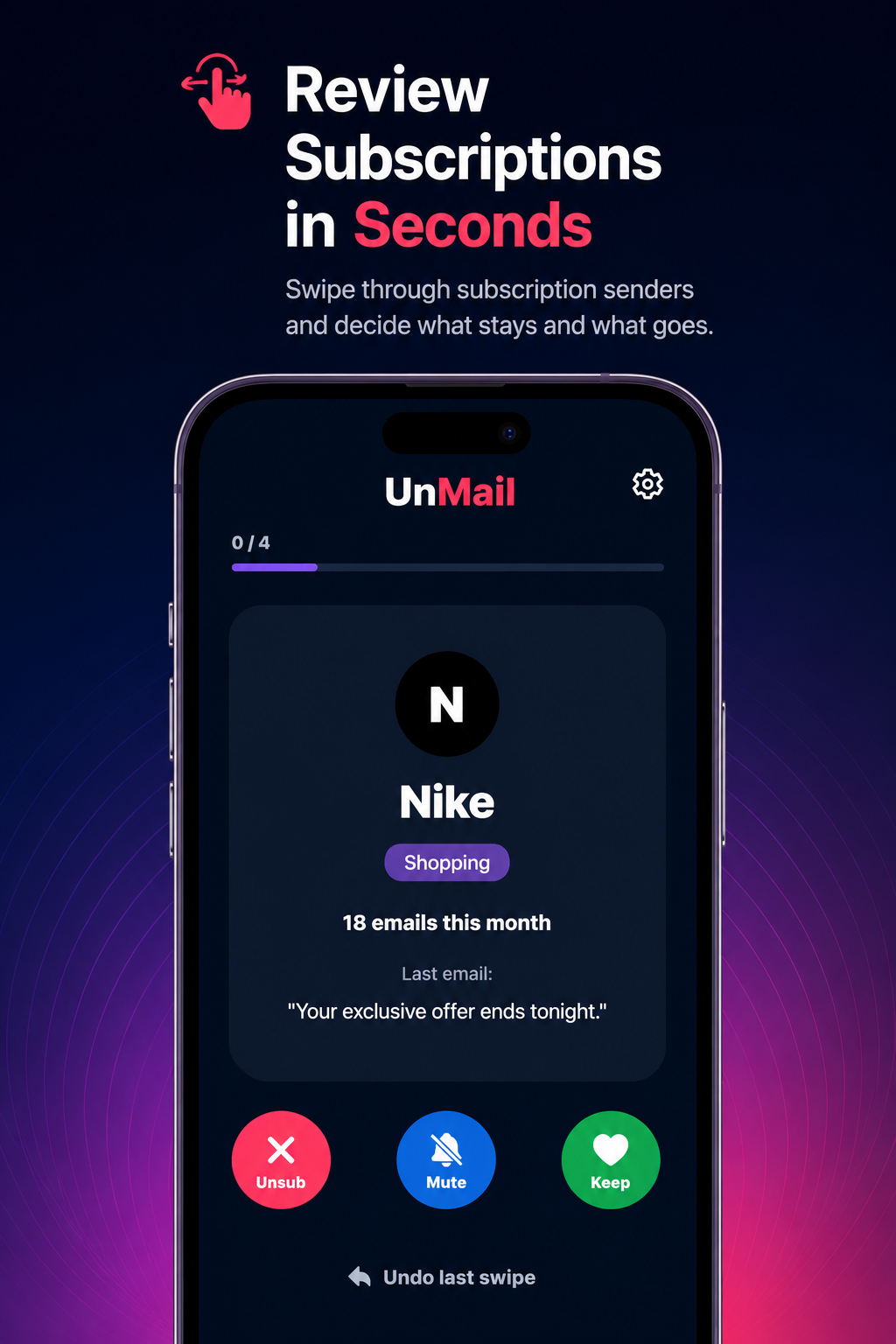 UnMail swipe subscriptions screen