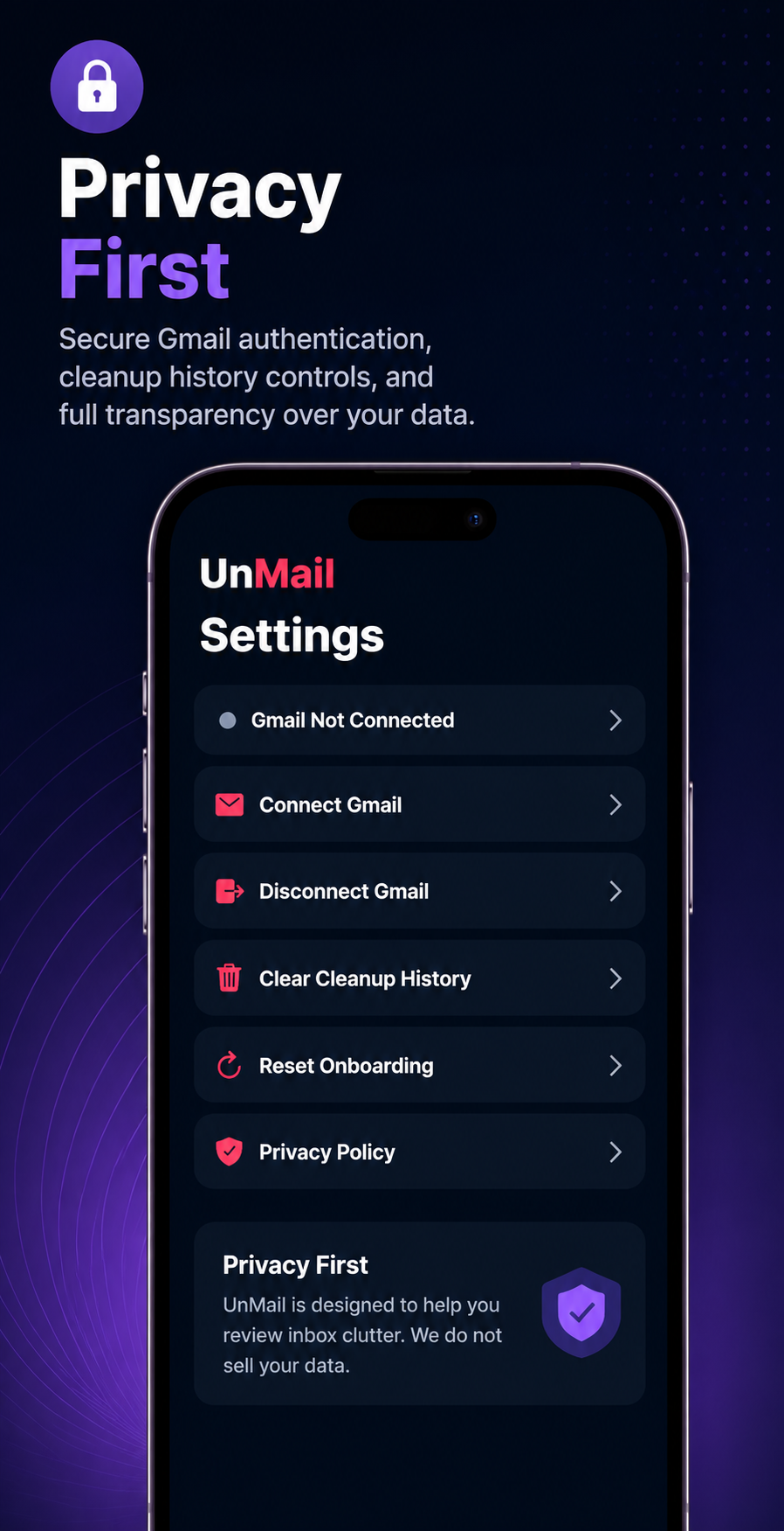 UnMail settings screen